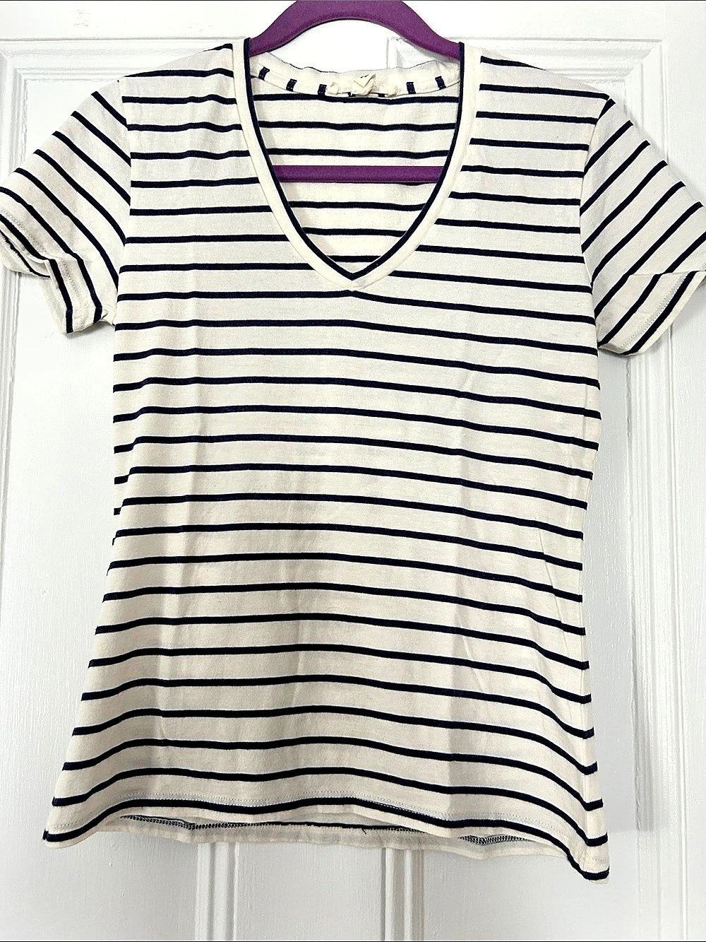 Nili Lotan Carol V-Neck Tee Striped Short Sleeve White & Blue